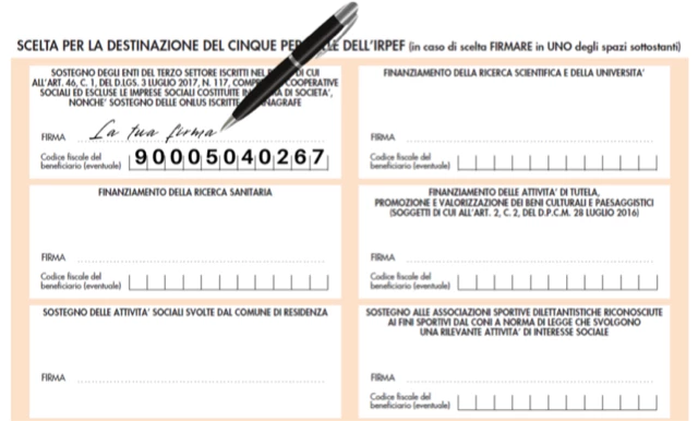 Firma e inserisci il codice fiscale 90005040267 nella tua dichiarazione dei redditi